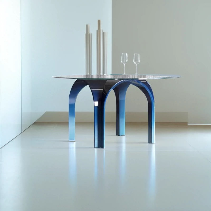 Round Cerulean Blue Iron And Glass Dining Table | HLM-BL322