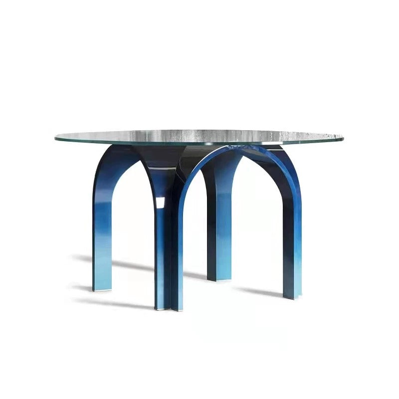 Round Cerulean Blue Iron And Glass Dining Table | HLM-BL322