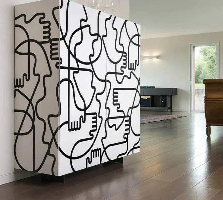 Premium Abstract Line Art Cabinet | Versatile Home & Kitchen Storage Solution Living Room Furniture Hulmara