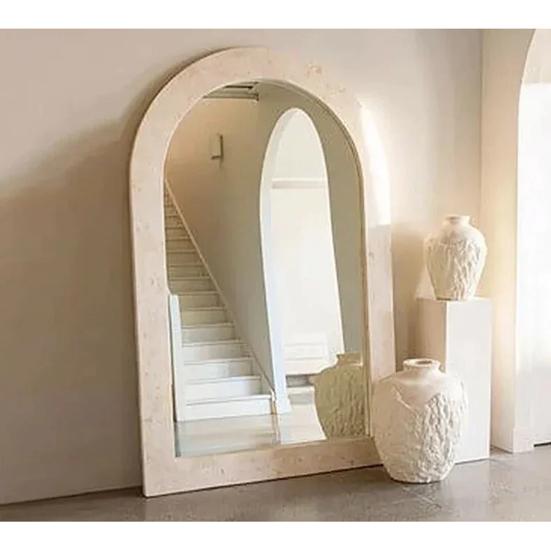 Arched Full-length Floor Mirror with Beige Stone Frame – Modern Minimalist Design for Bedrooms and Entryways