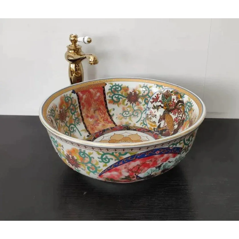 Artisan Hand-painted Ceramic Basin with Ornate Gold Faucet