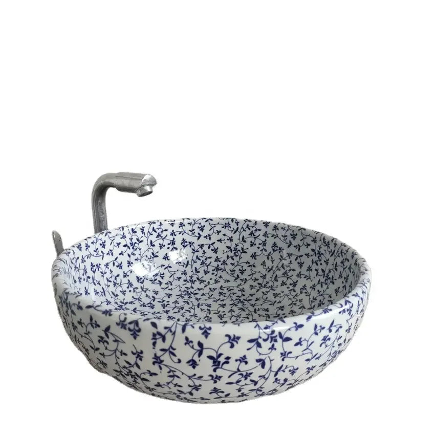 Blue Floral Ceramic Vessel Sink - Luxury Bathroom Design