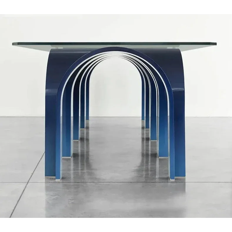 Contemporary Glass Dining Table with Arched Blue Metal Base | Luxury Room