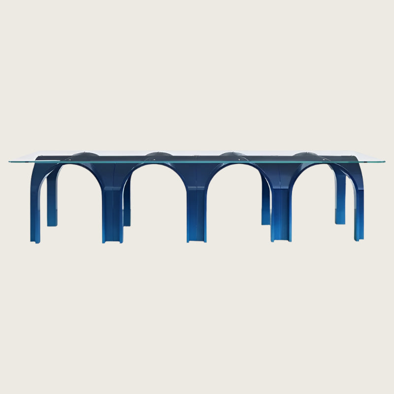 Contemporary Glass Dining Table with Arched Blue Metal Base | Luxury Room