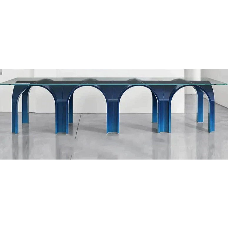 Contemporary Glass Dining Table with Arched Blue Metal Base | Luxury Room