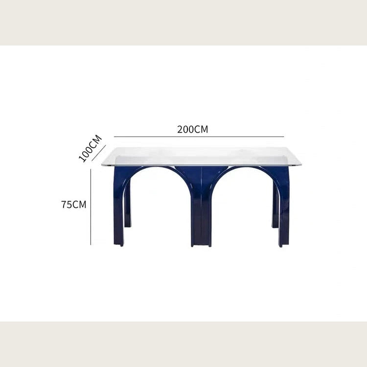 Contemporary Glass Dining Table with Arched Blue Metal Base | Luxury Room