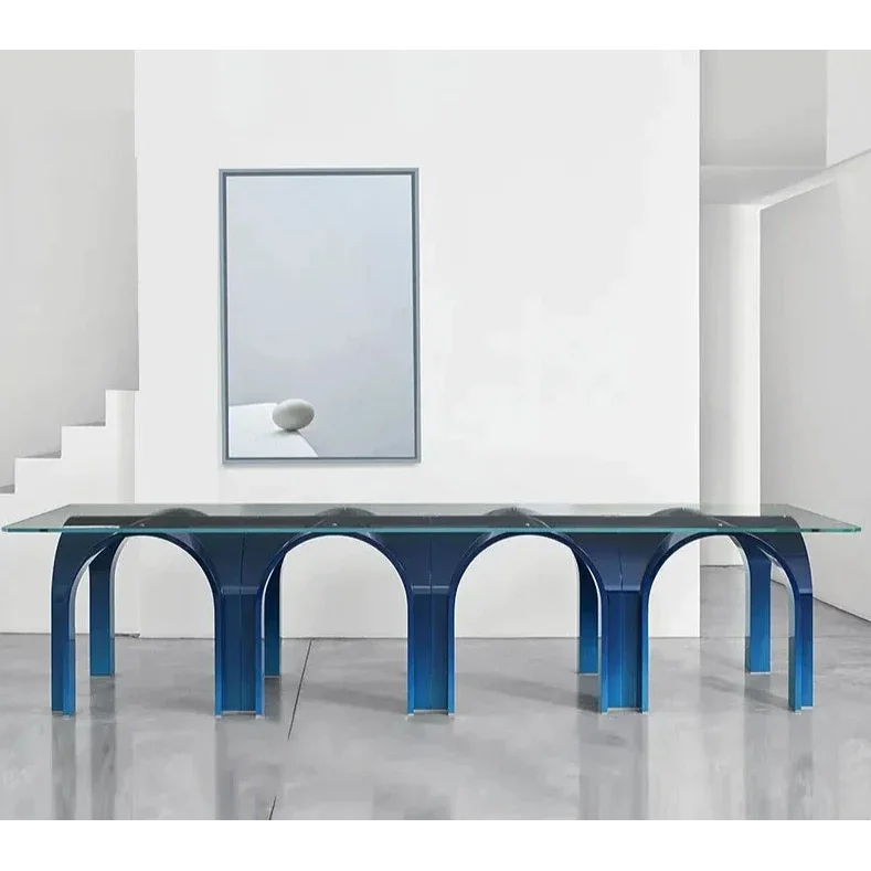 Contemporary Glass Dining Table with Arched Blue Metal Base | Luxury Room