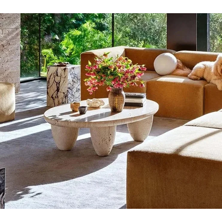 Aegean Travertine Round Coffee Table | Hlm78952n - Biophilic Design - Minimalist - Wabi-sabi