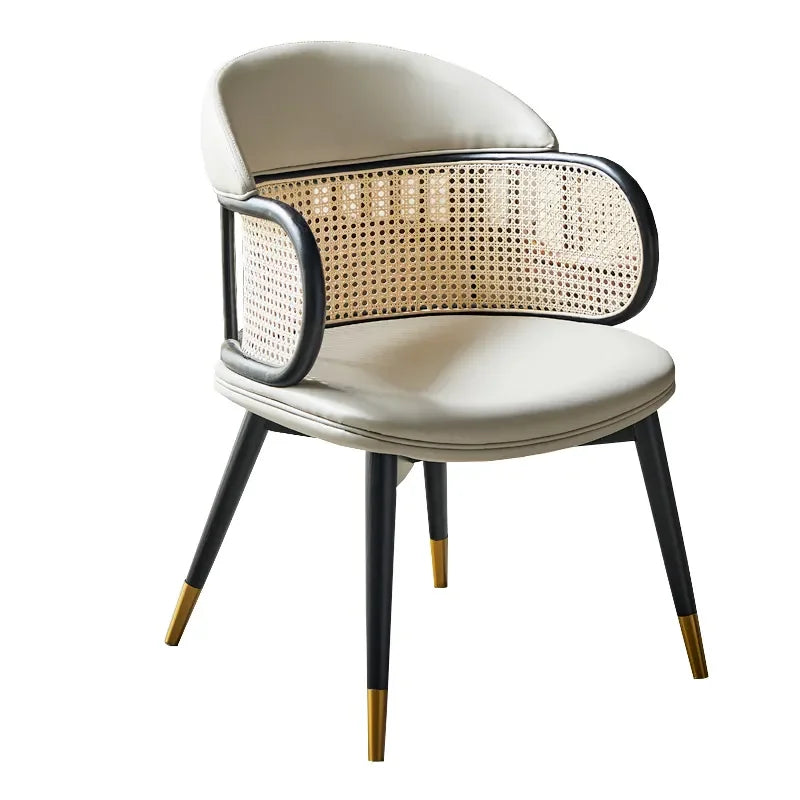 Designer Cane Dining Chair – Velvet Upholstery with Rattan Backrest and Gold-tipped legs | Luxury Interiors