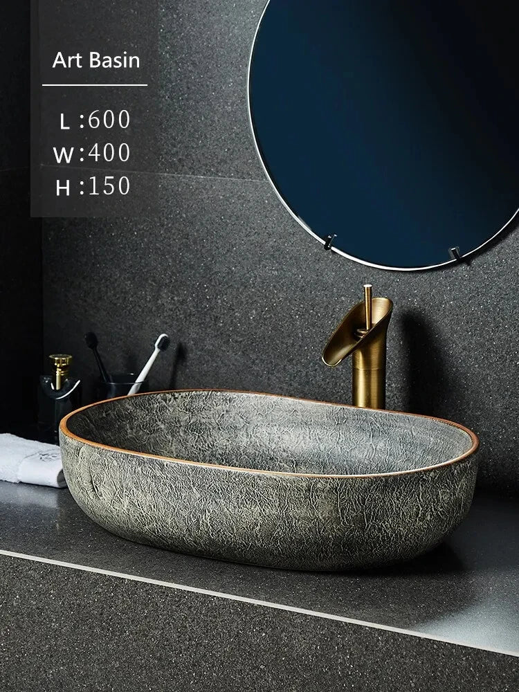 Eclipse Textured Ceramic Basin - Art Deco Contemporary Japandi