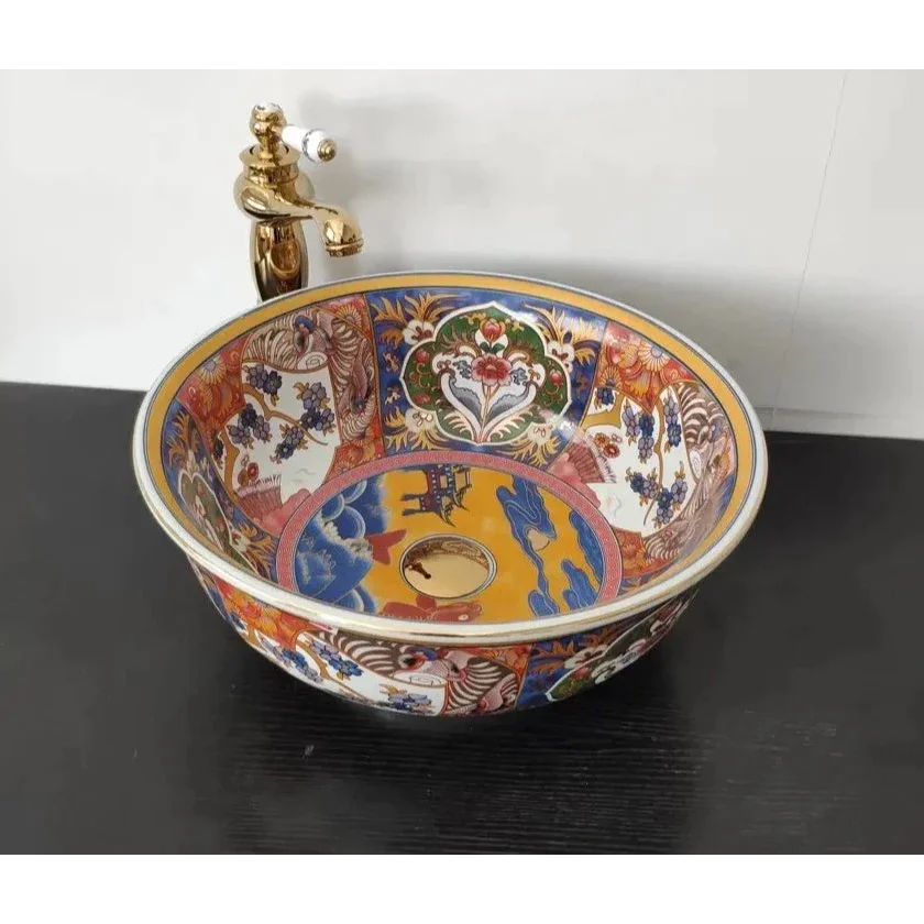 Hand-painted Ceramic Vessel Sink with Ornate Multicolor Design | Luxury Bathrooms