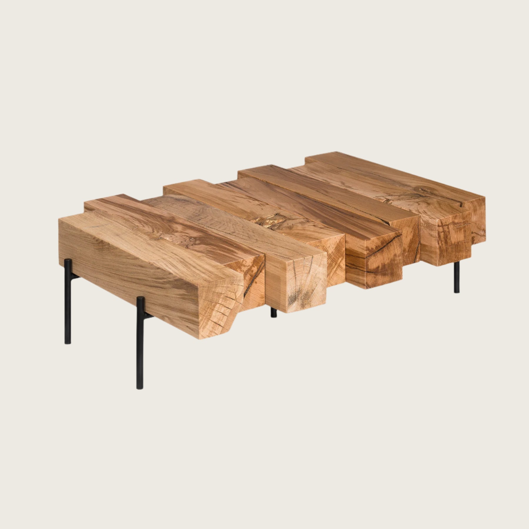 Industrial Rustic Solid Wood Coffee Table – Chunky Block Design with Metal Legs