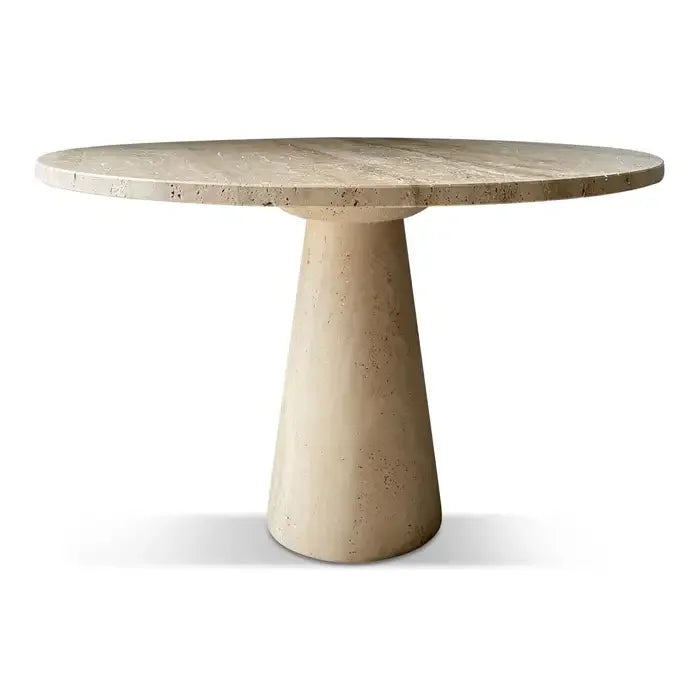 Italian Travertine Pedestal Dining Table – Mid-century Modern Cone Base for an Elegant Minimalist Home