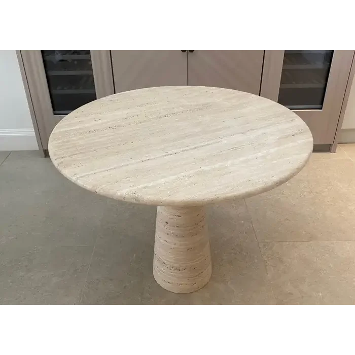 Italian Travertine Pedestal Dining Table – Mid-century Modern Cone Base for an Elegant Minimalist Home