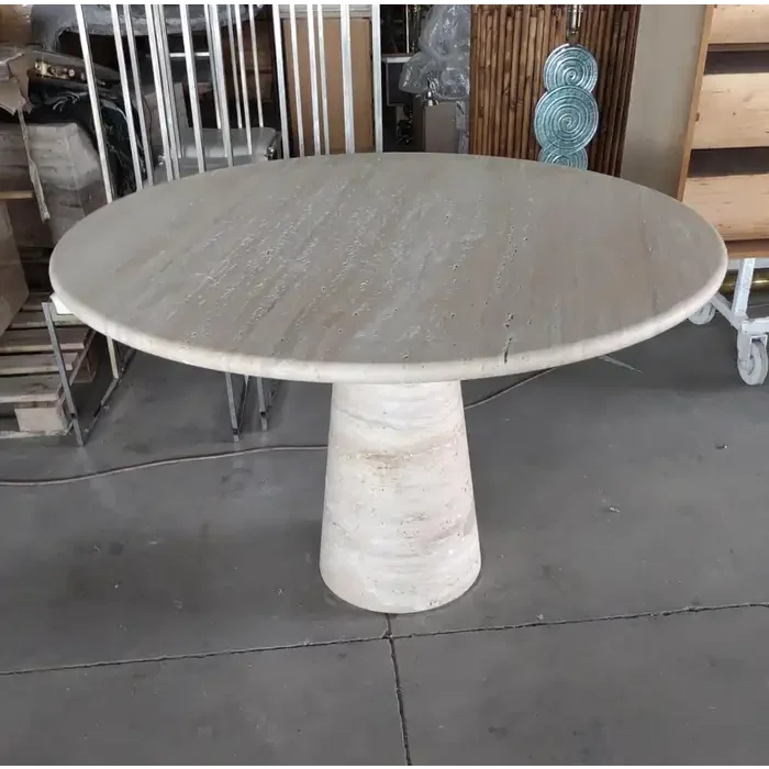 Italian Travertine Pedestal Dining Table – Mid-century Modern Cone Base for an Elegant Minimalist Home