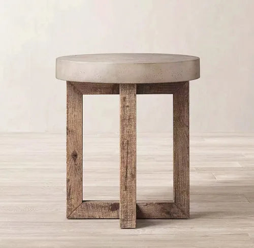 Pine Wood And Marble Round End Table | Mesa Collection - Biophilic Design Japandi Minimalist