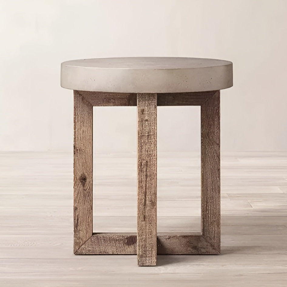 Pine Wood And Marble Round End Table | Mesa Collection - Biophilic Design Japandi Minimalist