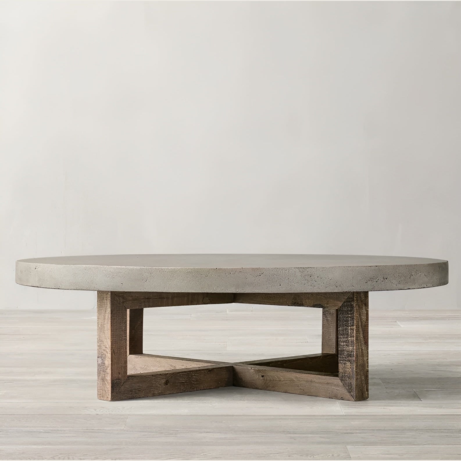 Japandi Round Coffee Table – Concrete Top with Rustic Pine Wood Cross Base 120cm Diameter