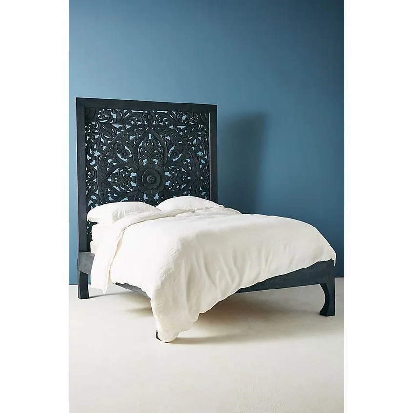 Hand-carved Indian Mandala Bed | Hlm-150-mb | Mandala Collection - Biophilic Design - Japandi - Minimalist