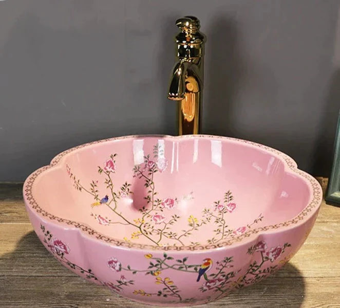 Pink Flowers Ceramic Sink | Hlm520254 - Bathroom Eclectic Modern Victorian