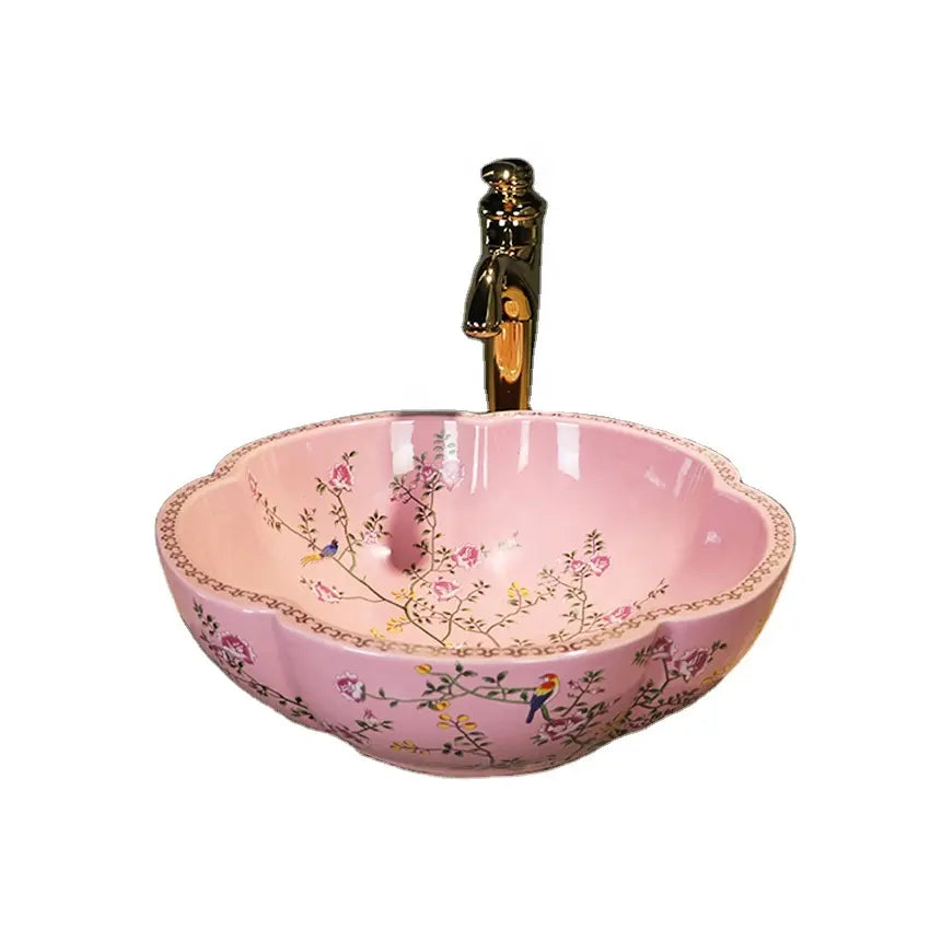 Pink Flowers Ceramic Sink | Hlm520254 - Bathroom Eclectic Modern Victorian