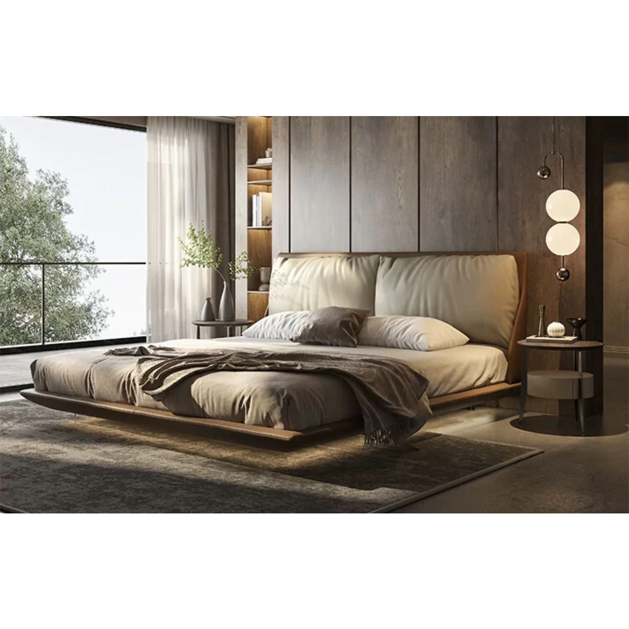 Leather Bed Set with Suspended Structure | Hlm7500 - Biophilic Design - Japandi - Minimalist