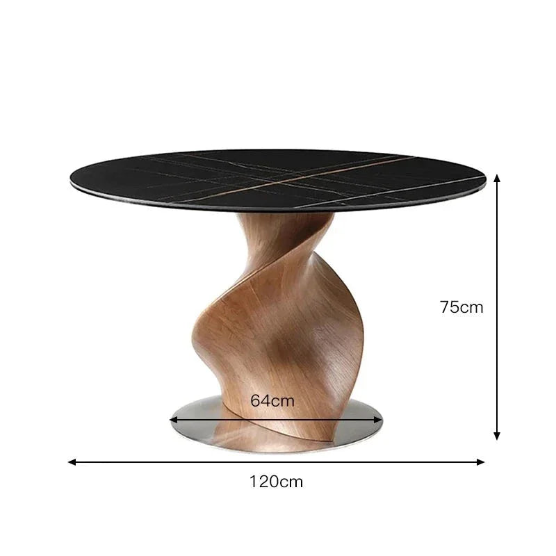 Luxury Round Dining Table with Black Marble Top and Sculptural Wood Base