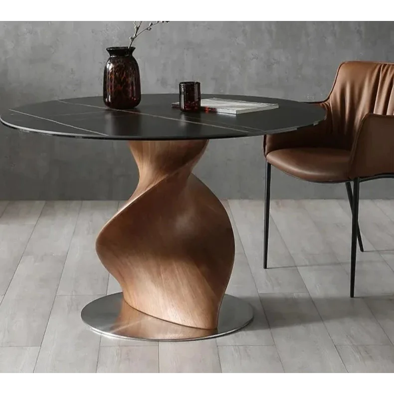 Luxury Round Dining Table with Black Marble Top and Sculptural Wood Base