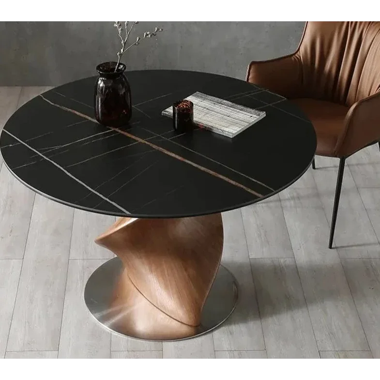 Luxury Round Dining Table with Black Marble Top and Sculptural Wood Base