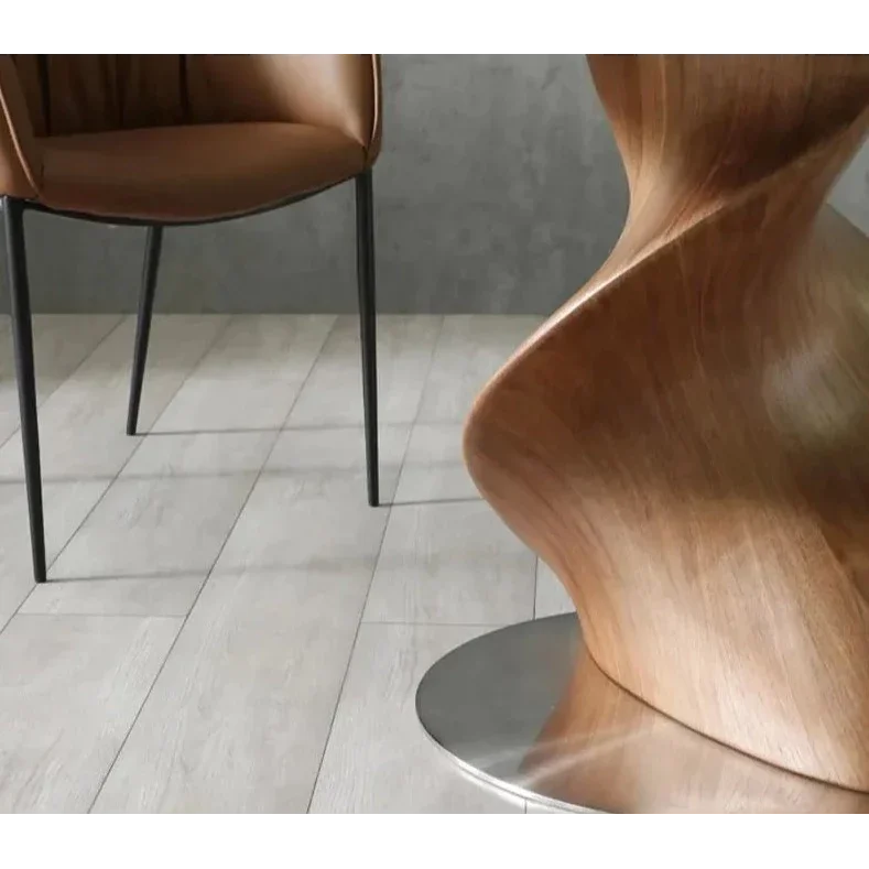 Luxury Round Dining Table with Black Marble Top and Sculptural Wood Base