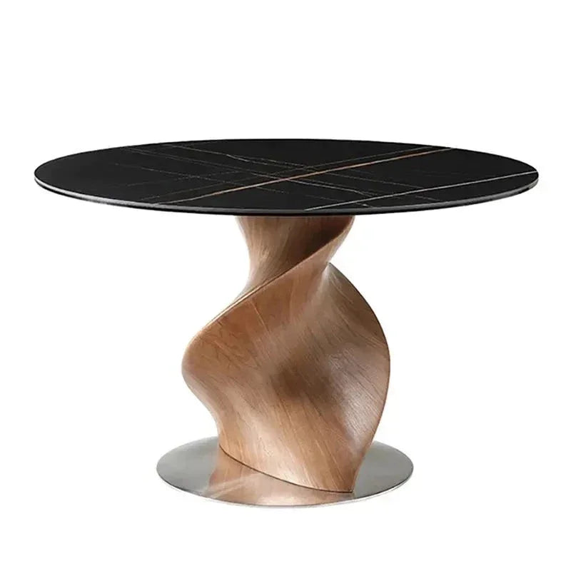 Luxury Round Dining Table with Black Marble Top and Sculptural Wood Base