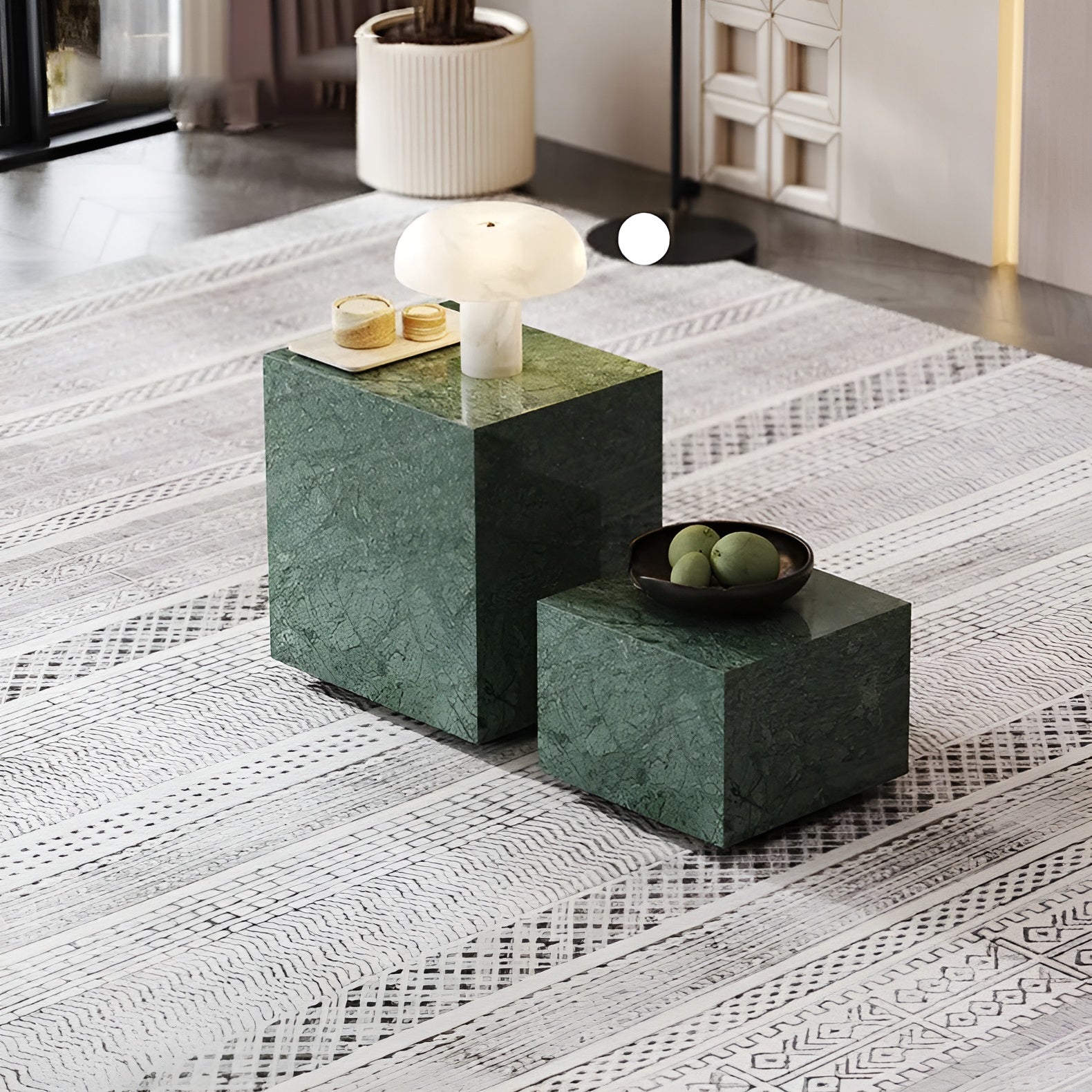 Italian Marble Cubist Side Tables - Art Deco Biophilic Design Dark Academia Eclectic