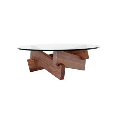 Mid-century Glass Coffee Table with Solid Wood Base | Japandi Interiors