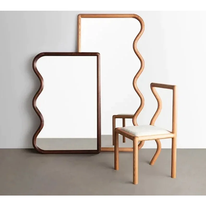 Modern Curved Wooden Mirror and Chair Set – Sculptural Walnut Natural Oak Design for Minimalist Interiors