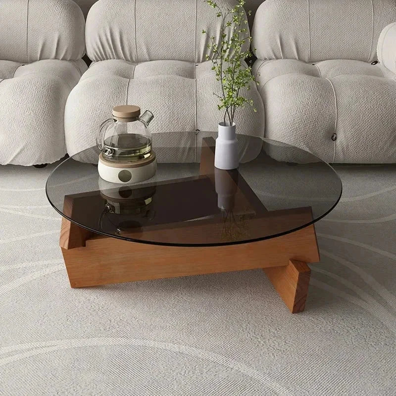 Modern Glass Top Coffee Table with Wood Base | Hlm741025 - Japandi - Minimalist