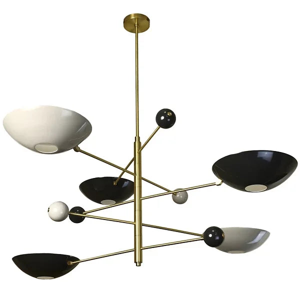 Modern Mid-century Brass Chandelier with Black & White Bowl Shades