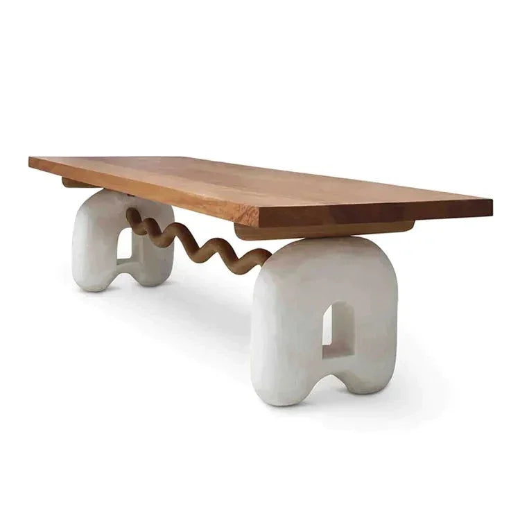 Modern Sculptural Dining Table – Solid Wood Top with Curved Stone base design