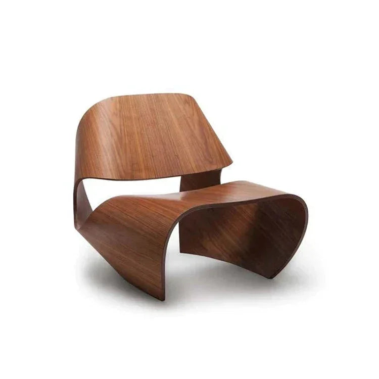 Modern Sculptural Lounge Chairs with Curved Wood Design Minimalist Accent in Black Walnut and Natural Finish