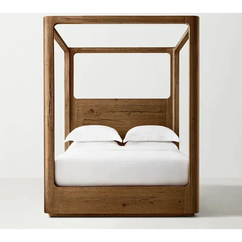 Teak Wood Sanctuary Cube Canopy Bed - Biophilic Design - Eclectic - Japandi - Minimalist