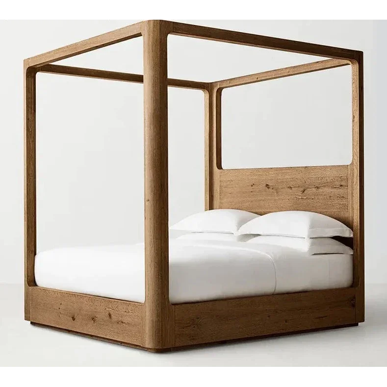 Modern Solid Teak Wood Canopy Bed – Minimalist Luxury Design with Walnut Finish