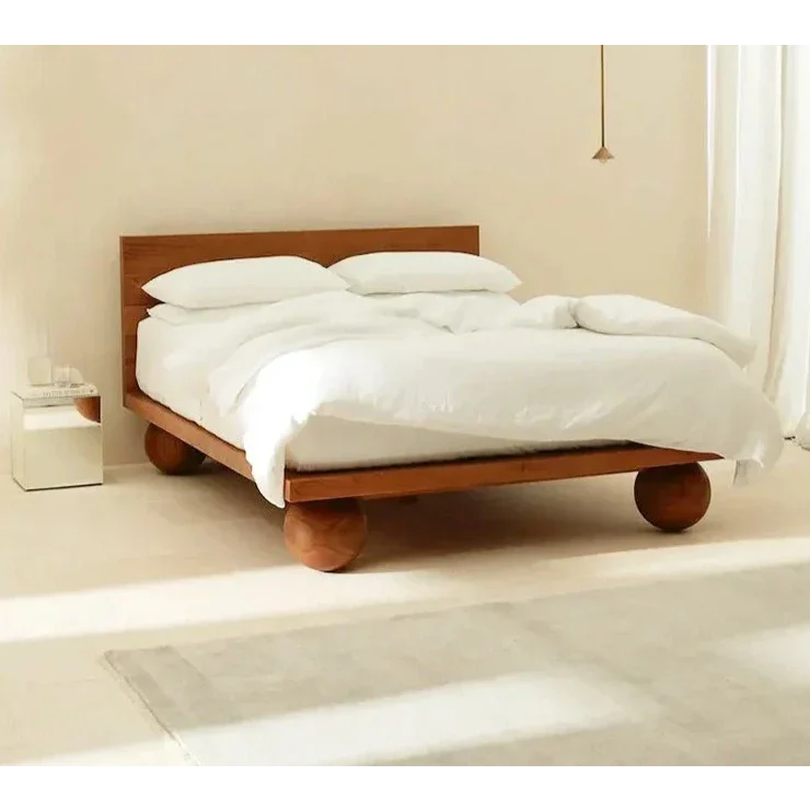 Modern Solid Wood Platform Bed Frame with Round Ball Legs | Japandi Minimalism Bedroom Queen & King Size Beds