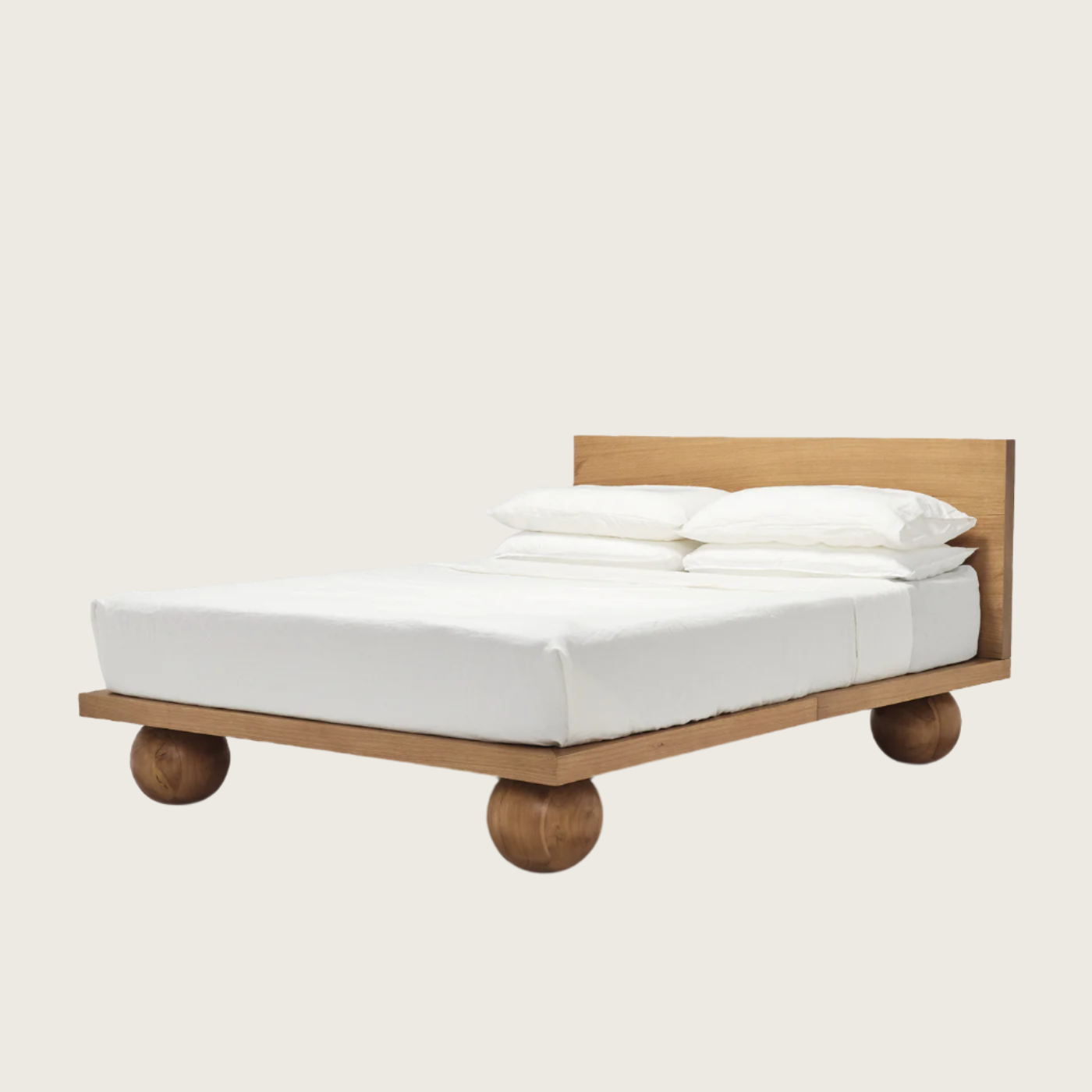 Modern Solid Wood Platform Bed Frame with Round Ball Legs | Japandi Minimalism Bedroom Queen & King Size Beds