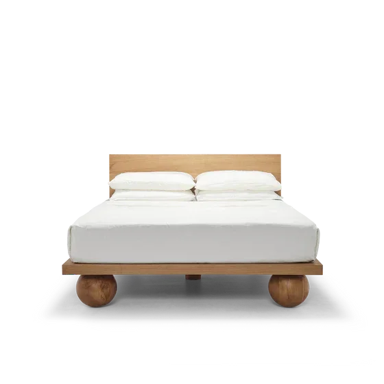 Modern Solid Wood Platform Bed Frame with Round Ball Legs | Japandi Minimalism Bedroom Queen & King Size Beds