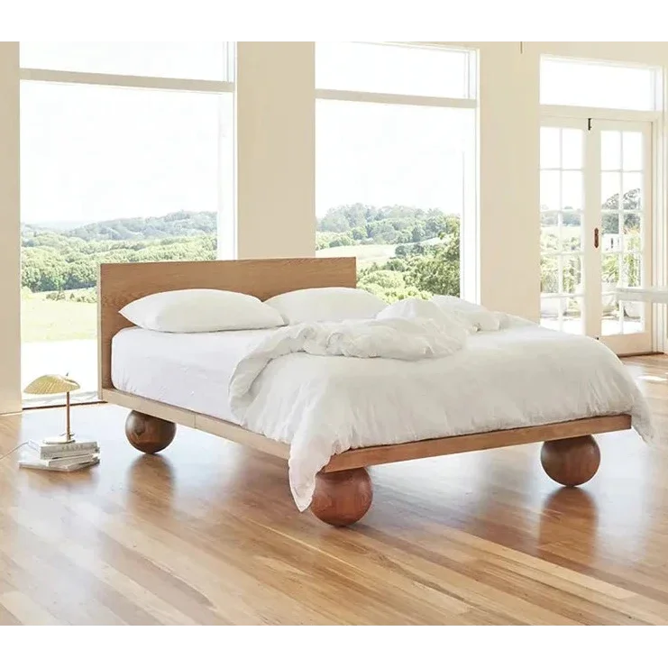 Modern Solid Wood Platform Bed Frame with Round Ball Legs | Japandi Minimalism Bedroom Queen & King Size Beds