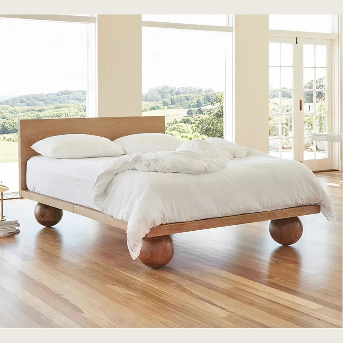 Modern Solid Wood Platform Bed Frame with Round Ball Legs | Japandi Minimalism Bedroom Queen & King Size Beds