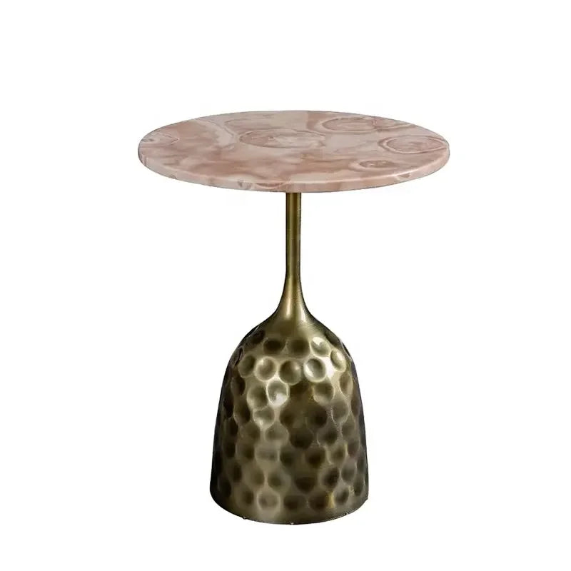 Pink Onyx Accent Table with Hammered Brass Base | Luxury Living Room