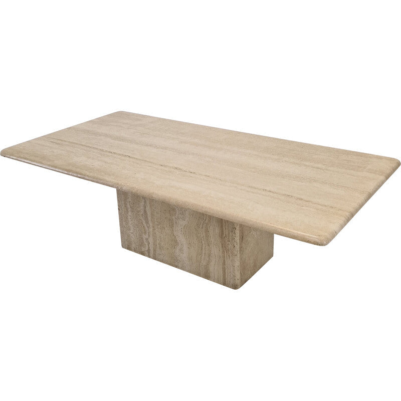 Rectangular Travertine Coffee Table with Minimalist Block Base – Natural Stone Centerpiece | Luxury Dining Room