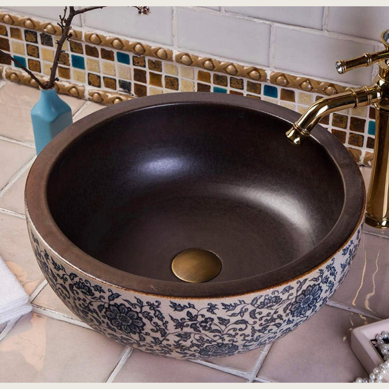 Rustic Floral Ceramic Vessel Sink | Luxury Bathrooms