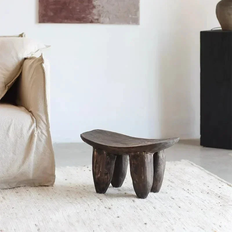 Rustic Hand-carved Wooden Stool | Japandi for Living Room or bedroom