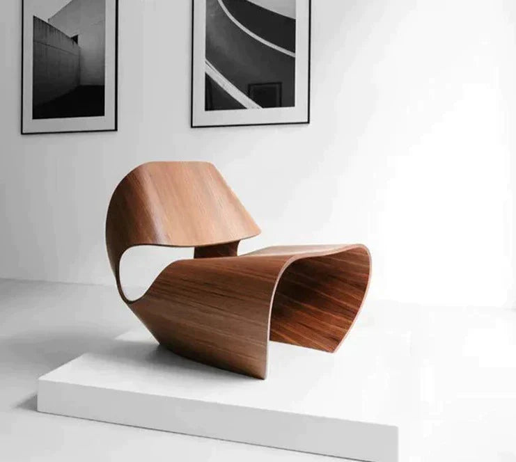 Walnut Veneered Bent Plywood Contemporary Lounge Chair - Biophilic Design Minimalist Modern Wood